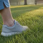 senior woman foot in walking shoe stepping on grass older adults fitness