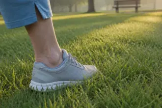 senior woman foot in walking shoe stepping on grass older adults fitness