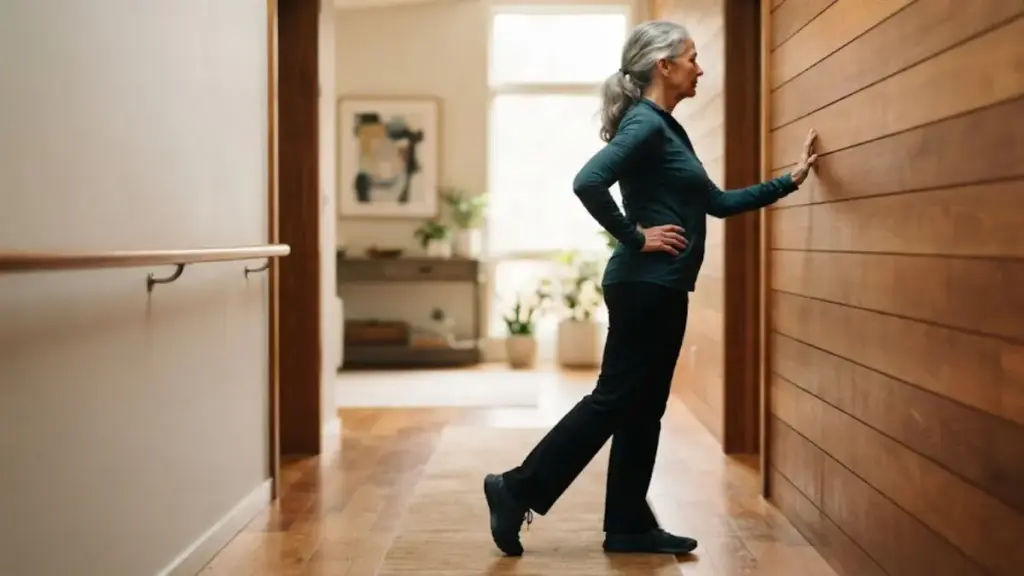 senior-woman-placing-hand-on-wall-for-weekly-exercise-balance
