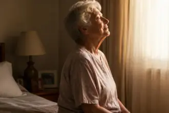 senior woman sitting on bed morning daily exercise habit