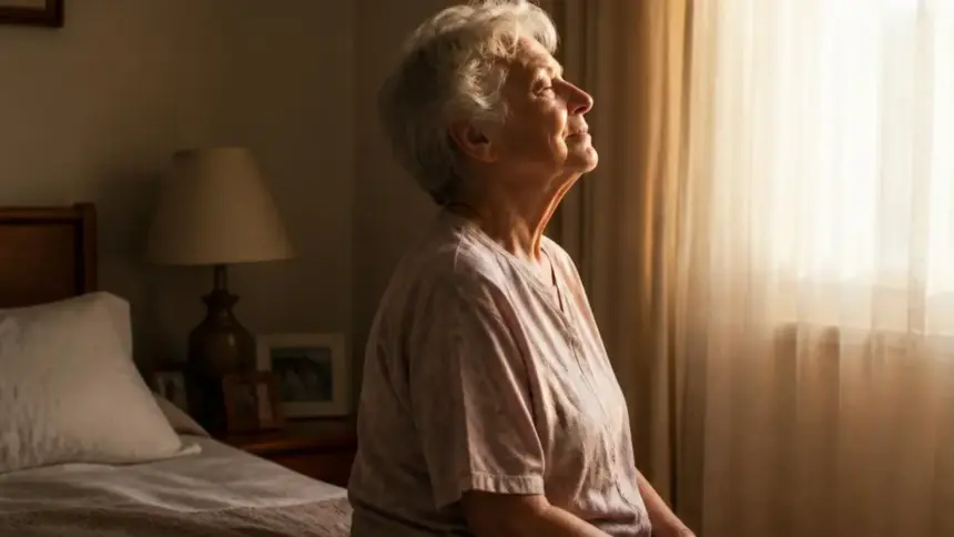 senior woman sitting on bed morning daily exercise habit
