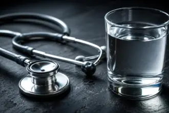 silver diagnostic stethoscope resting next to a glass of water