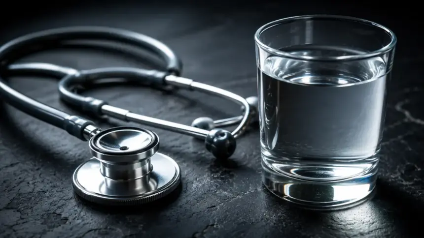 silver diagnostic stethoscope resting next to a glass of water