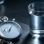 silver sports stopwatch resting next to a water glass