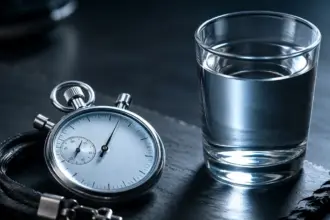 silver sports stopwatch resting next to a water glass