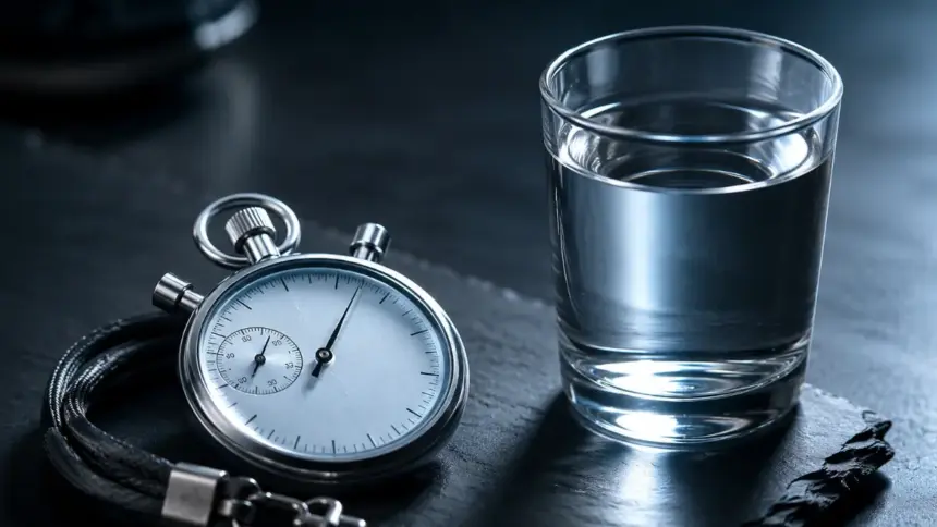 silver sports stopwatch resting next to a water glass