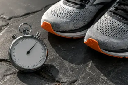 silver sports stopwatch resting next to running shoes on stone