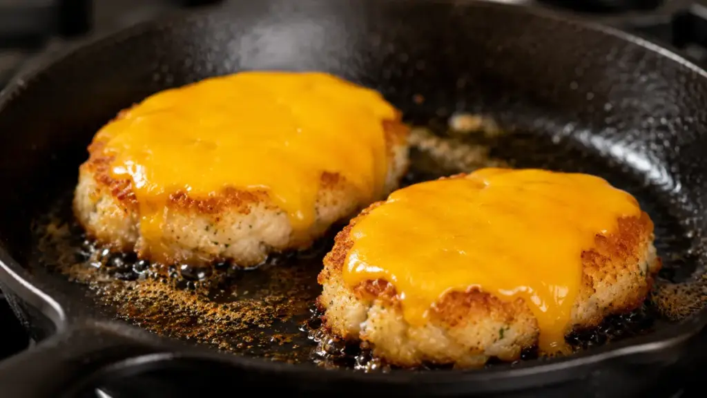 sizzling-white-fish-patties-with-melted-cheese-on-a-cast-iron-skillet