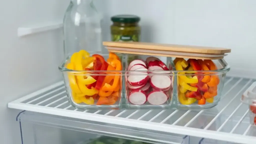 sliced-bell-peppers-and-radishes-in-a-glass-container-on-a-fridge-shelf