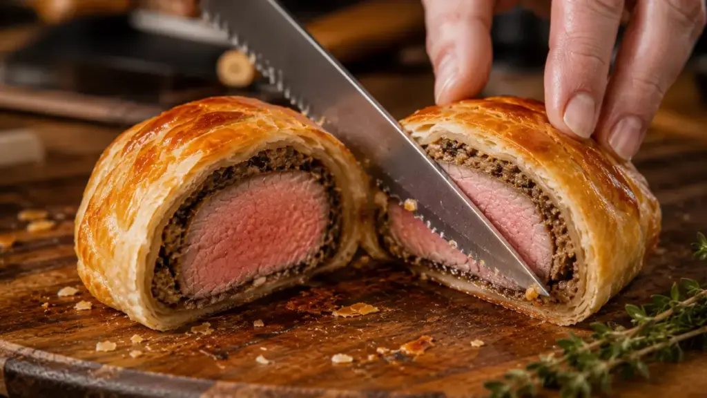 slicing-a-fresh-golden-puff-pastry-beef-parcel-in-half-for-a-mini-steak-wellington-recipe