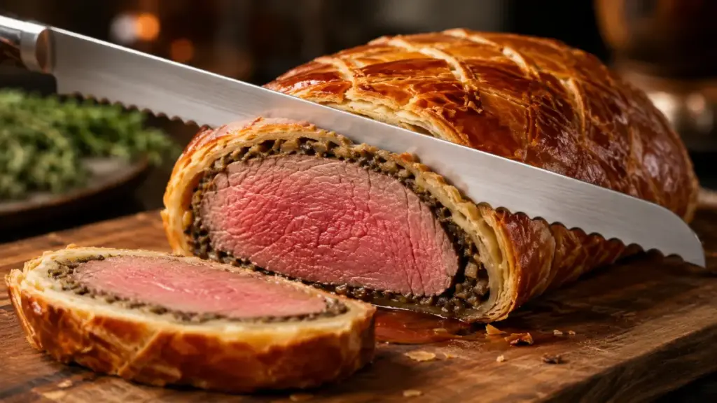 slicing-a-perfectly-cooked-beef-wellington-with-a-sharp-serrated-knife