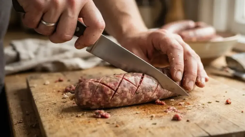 slicing-diagonal-vents-along-a-raw-beef-sausage-on-a-cutting-board