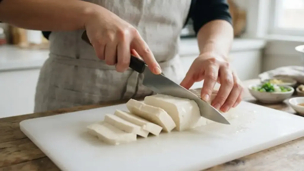 slicing-fresh-silken-tofu-on-a-clean-white-cutting-board-with-greens-for-the-benefit-spinach
