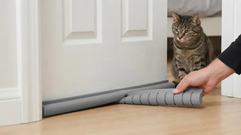 sliding-a-silicon-door-draft-stopper-under-a-wooden-door-for-cat-training