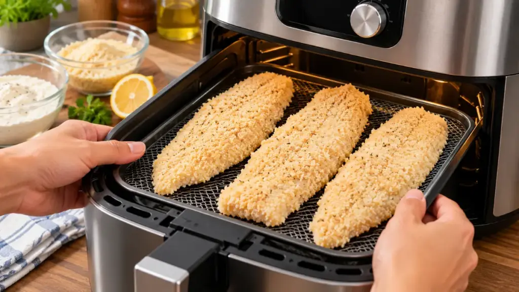 sliding-a-tray-of-fish-fillets-into-an-air-fryer-for-a-crispy-fish-sandwich
