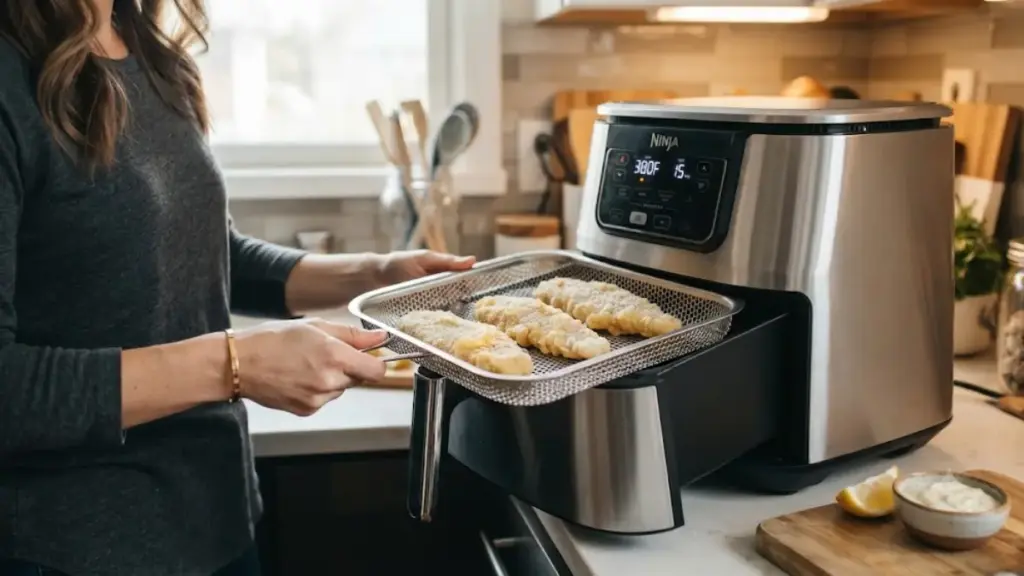 sliding a tray of panko coated fish fillets into an air fryer