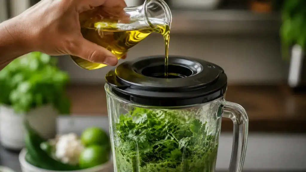slow-stream-olive-oil-drizzling-to-ensure-proper-emulsification-in-a-peruvian-green-sauce-recipe