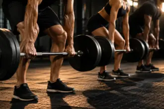 small fitness squad performing a barbell workout together