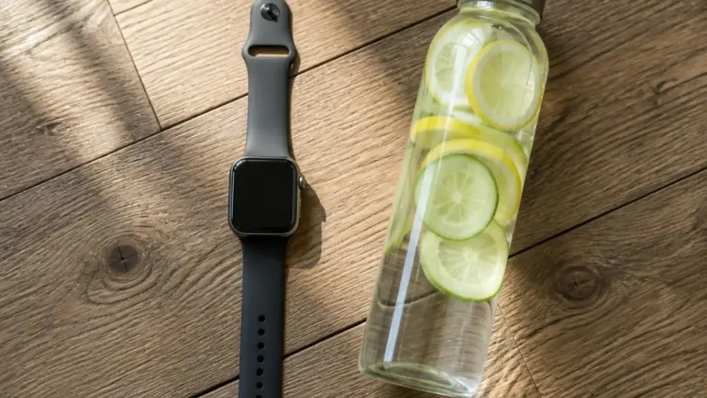 smart-watch-and-electrolyte-water-bottle-on-floorboard