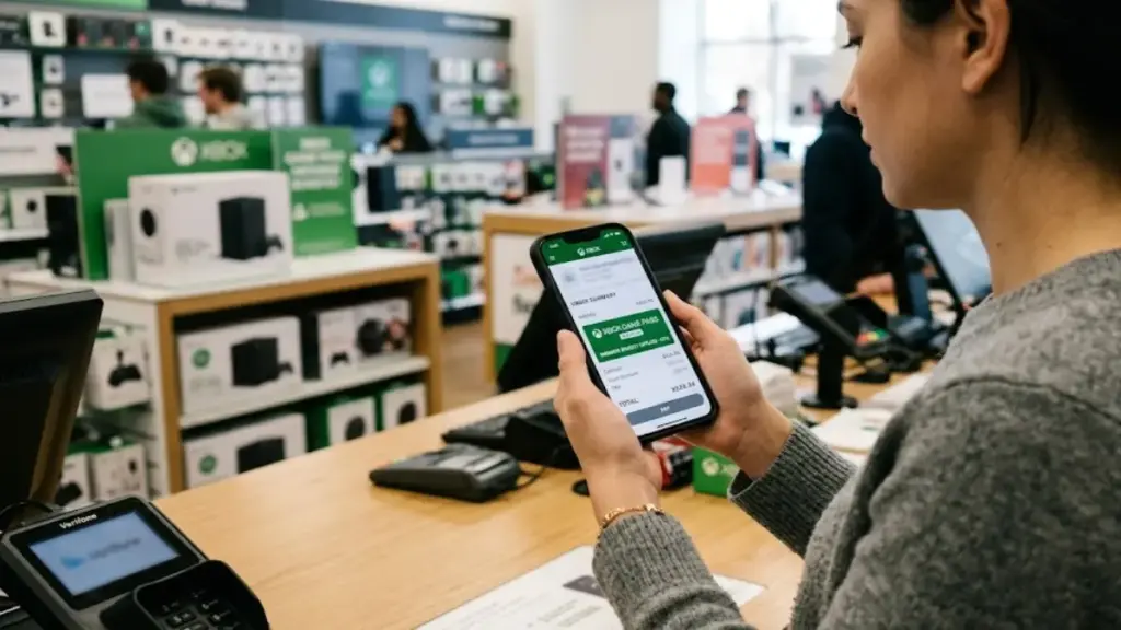 smartphone-displaying-store-checkout-screen-with-discount-for-xbox-game-pass-essential
