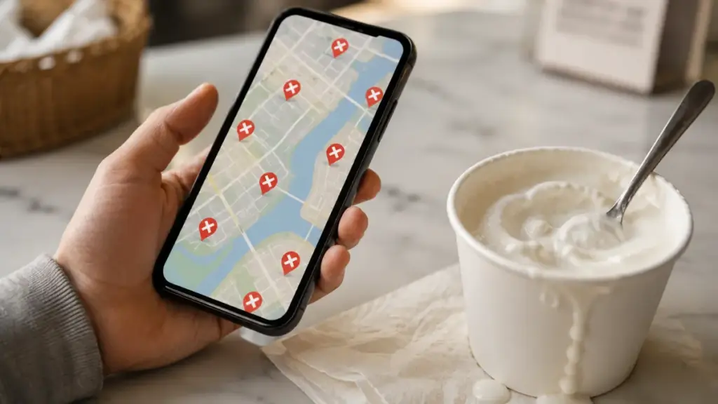 smartphone-showing-closed-store-markers-next-to-melted-cream