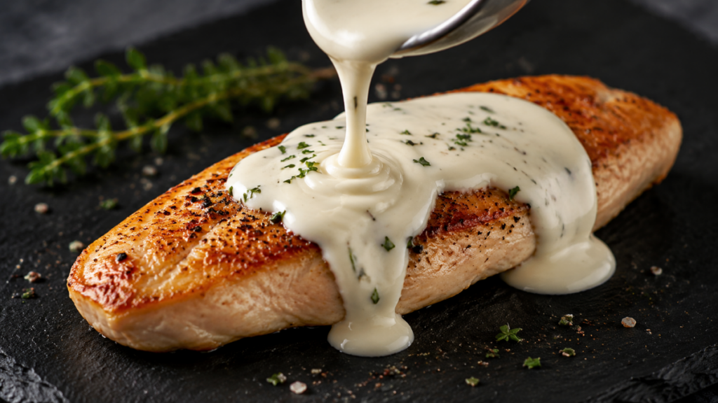 smooth-white-dairy-sauce-drizzled-over-chicken-strip-chicken-recipe-easy-quick