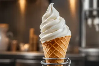soft serve cone on a silver holder exhibiting high dairy fat structure