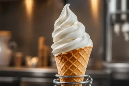 soft serve cone on a silver holder exhibiting high dairy fat structure