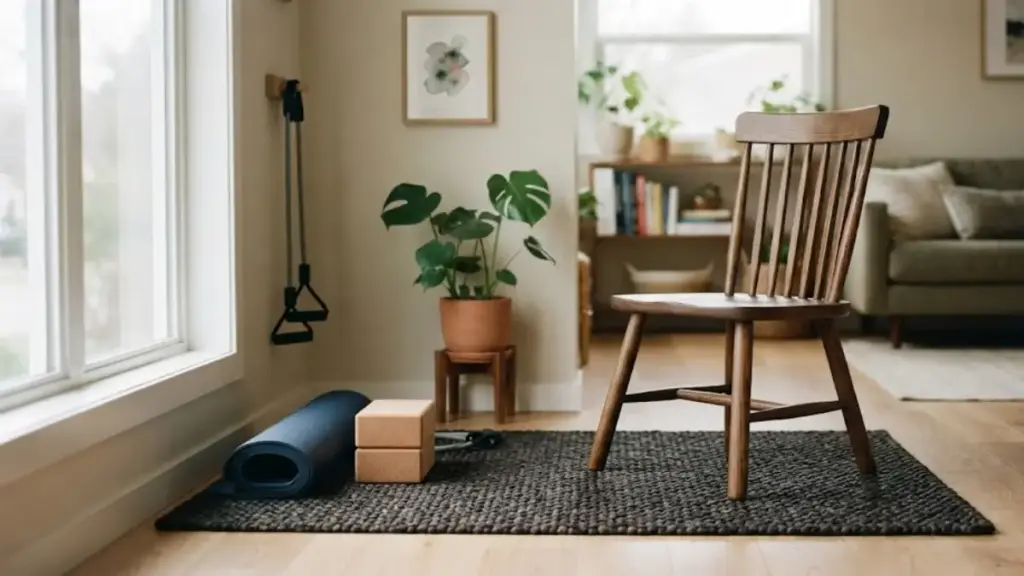 solid-wooden-chair-on-anti-slip-mat-in-living-room-weekly-exercise