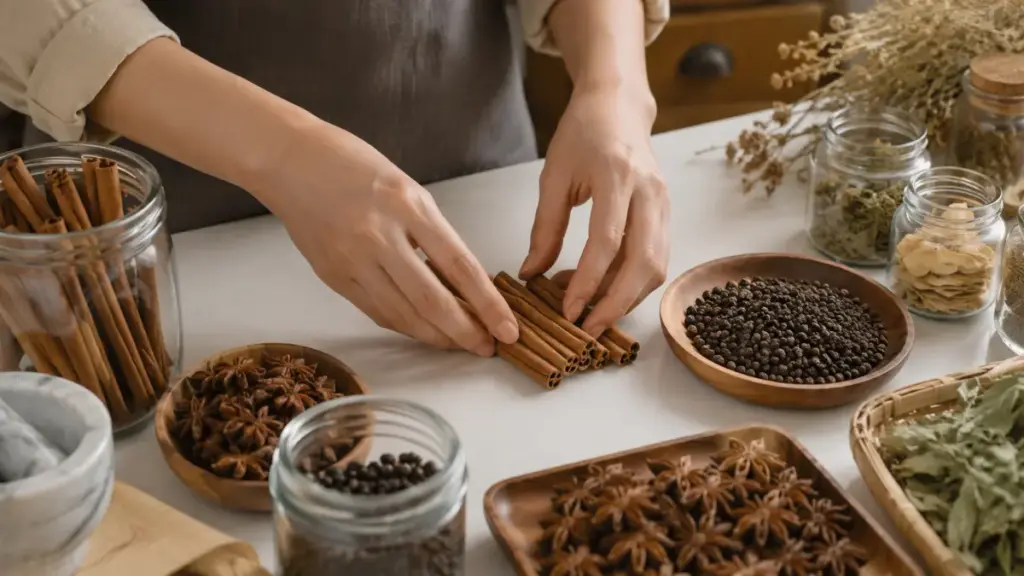 sorting-dried-cinnamon-sticks-and-star-anise-pods-for-traditional-rice-wine-brewing