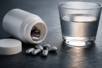 spill of metallic pills from a white jar on a slate table