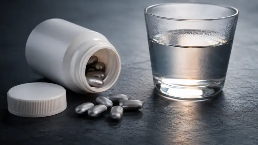 spill of metallic pills from a white jar on a slate table