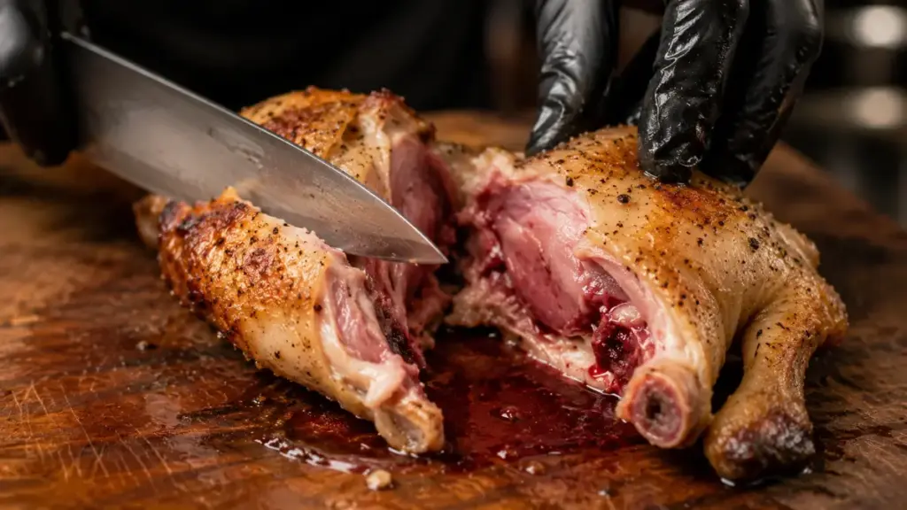 splitting-open-undercooked-chicken-leg-to-reveal-raw-blood-from-a-rushed-quick-meal