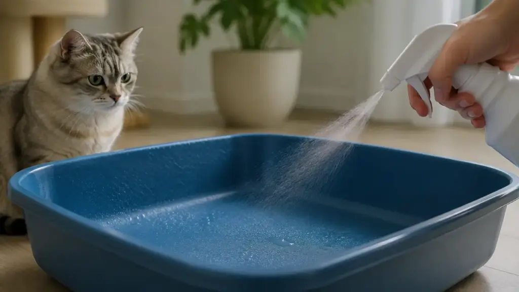 spraying-a-plastic-litter-box-with-enzymatic-cleaner-to-dissolve-organic-residues