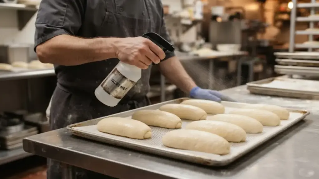 spraying-clear-saline-water-over-shaped-unbaked-dough-portions