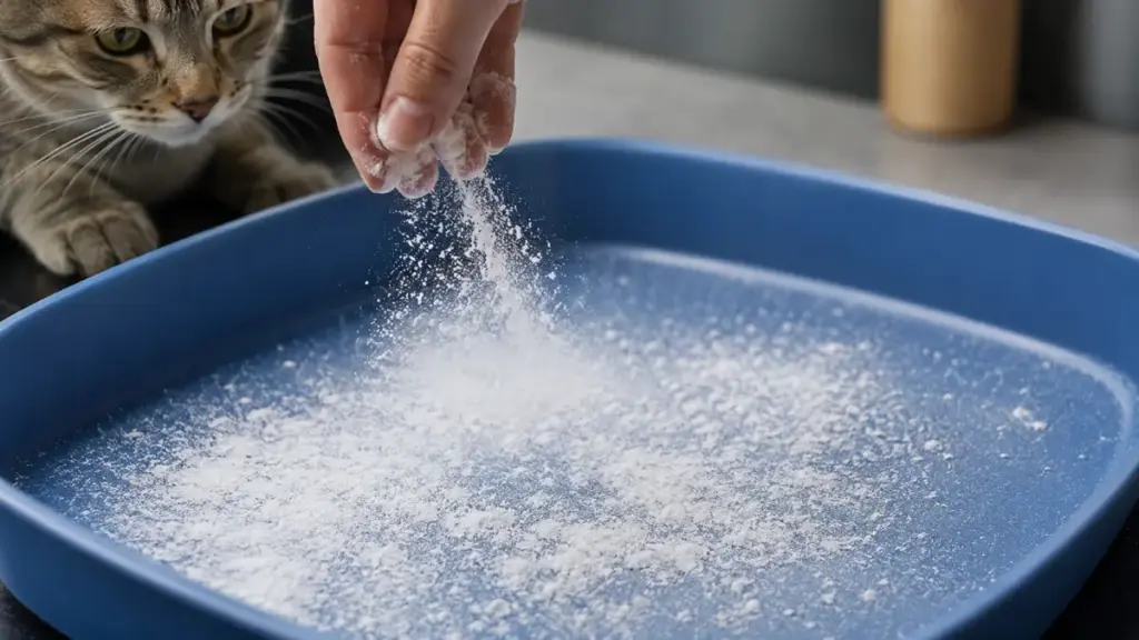 spreading-baking-soda-powder-on-a-litter-box-bottom-to-neutralize-ammonia-odors