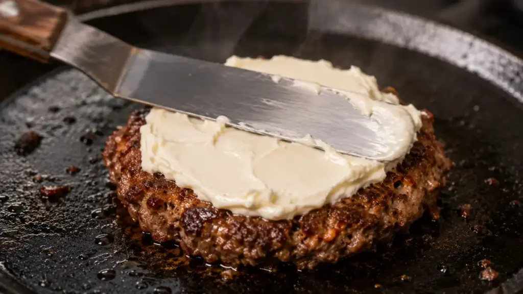 spreading-cream-cheese-over-a-spicy-burger-patty-on-a-skillet