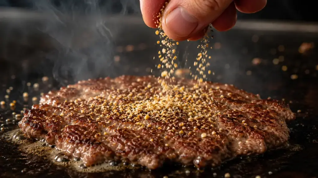 sprinkling-dry-seasoning-blend-onto-a-sizzling-hot-smash-burger-patty