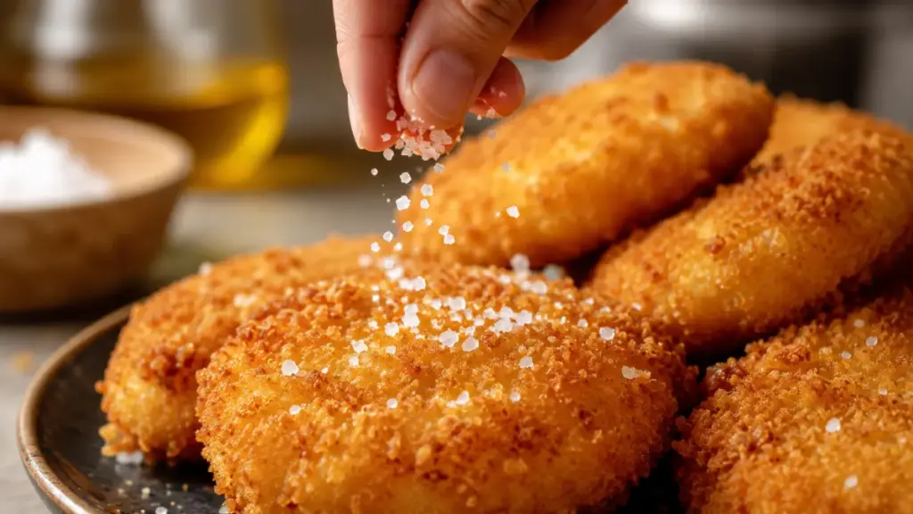 sprinkling-sea-salt-over-fried-fish-patties