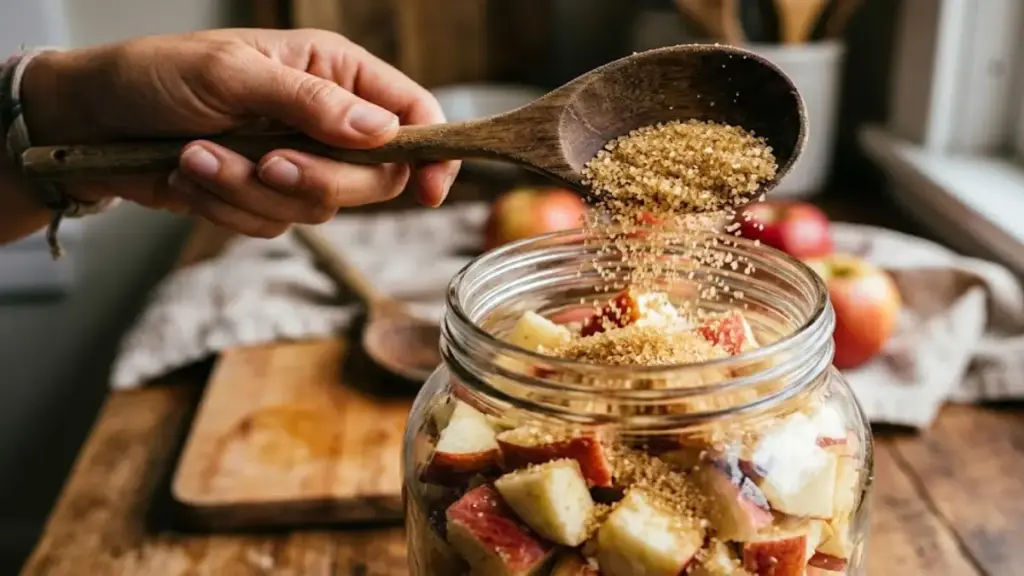 sprinkling-sugar-over-fresh-apple-slices-to-feed-wild-yeast-for-homemade-organic-apple-vinegar