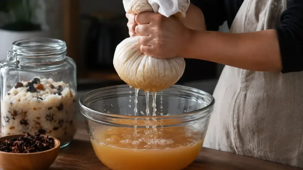 squeezing-medicinal-liquid-out-of-a-cheesecloth-filter-bag-to-finish-rice-wine