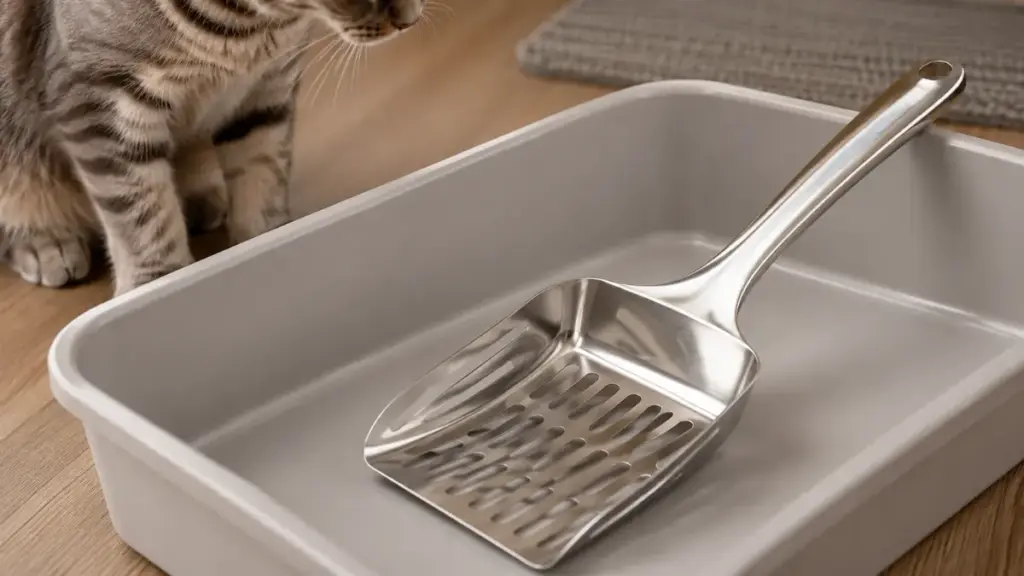 stainless-steel-sifting-scoop-arranged-inside-a-clean-empty-litter-pan