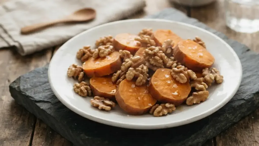 steamed-sweet-potatoes-and-raw-walnuts-on-a-slate-plate