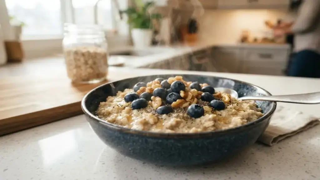 steaming-bowl-of-oats-with-blueberries-and-walnuts-on-a-counter