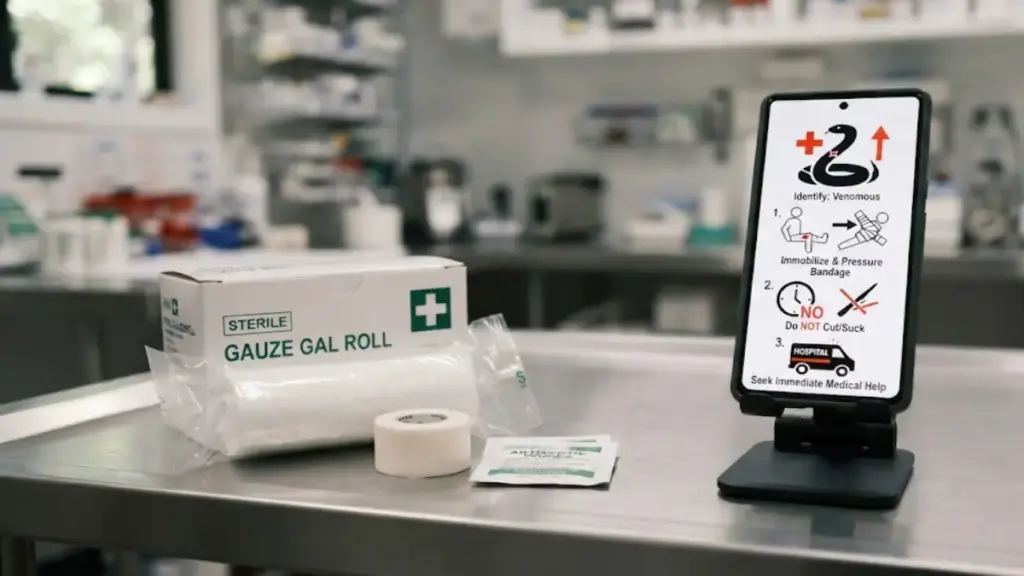 sterile-gauze-roll-and-smartphone-displaying-snakebite-first-aid-manual