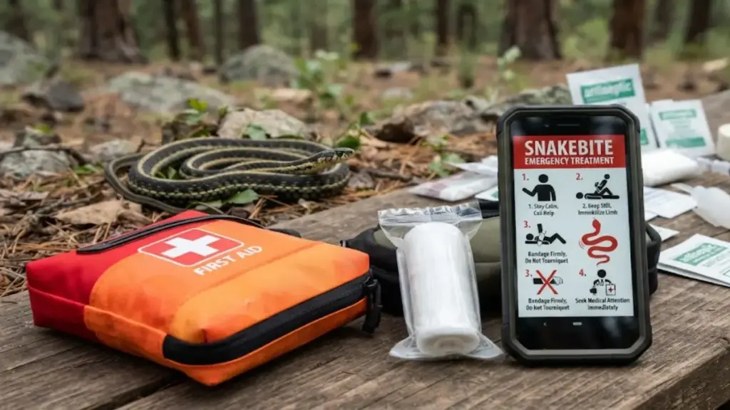 sterile-gauze-roll-and-smartphone-displaying-snakebite-first-aid-manual-snake