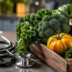 stethoscope resting next to a crate of fresh vegetables on a counter
