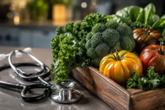 stethoscope resting next to a crate of fresh vegetables on a counter