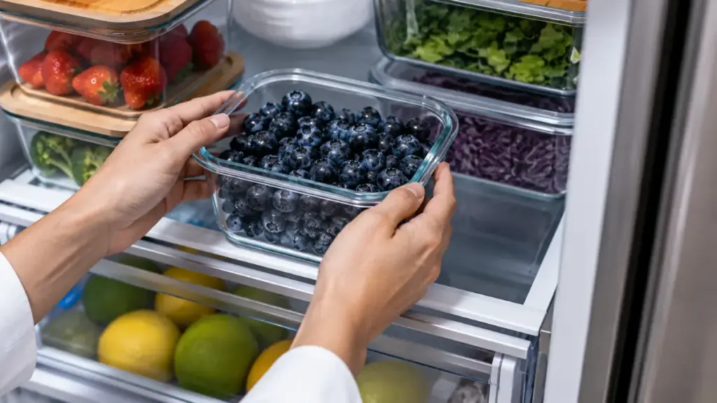storing-fresh-blueberries-in-a-glass-refrigerator-container