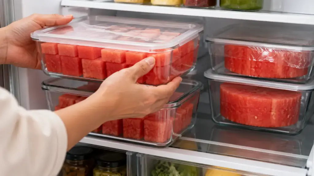 storing-pre-carved-watermelon-blocks-neatly-inside-a-refrigerator-for-a-water-melon-cake